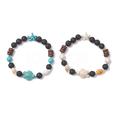 2Pcs Dyed Synthetic Turquoise & Natural & Lava Rock & Coconut & Sea Shell Beads Stretch Bracelets for Women BJEW-JB13198-1