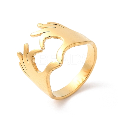 Ion Plating(IP) 304 Stainless Steel Hand Heart Open Cuff Ring for Women RJEW-K245-45G-1