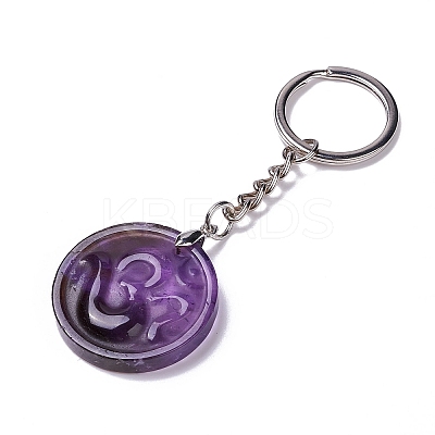 Flat Round with Ohm/Aum Natural Gemstone Pendant Keychain G-G993-02P-1