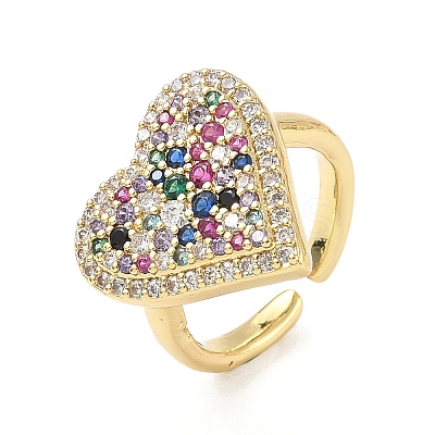 Heart Brass Micro Pave Cubic Zirconia Cuff Rings for Women RJEW-A069-12G-04-1