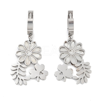 Left and Right Clover & Flower 304 Stainless Steel Shell Dangle Earrings EJEW-L283-068P-1
