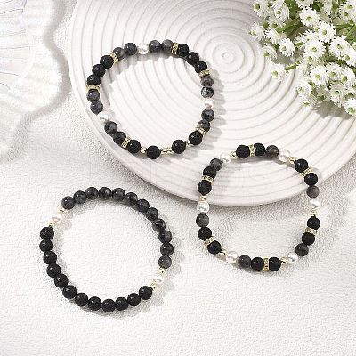 3Pcs 3 Styles Natural Lava Rock & Larvikite & Shell Pearl Beaded Stretch Bracelets for Kids BJEW-JB14097-1