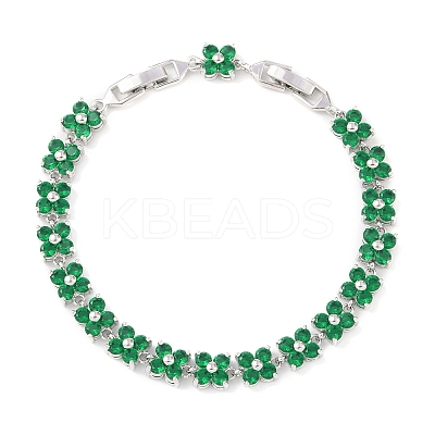 Noble Gift Ideas for Lady Platinum Tone Brass Micro Pave Cubic Zirconia CZ Flower Link Chain Bracelets BJEW-L472-09-1-1