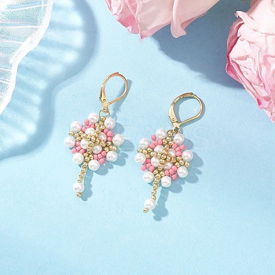 Flower with Cross 304 Stainless Steel Earrings Glass Seeds Leverback Earrings EJEW-MZ00507-05-1
