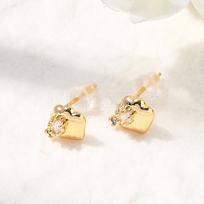 Brass Micro Pave Clear Cubic Zirconia Heart Stud Earrings EJEW-C158-12G-1