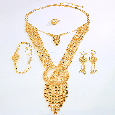 Luxury Alloy Hollow Round & Leaf Bracelets & Earrings & Necklaces & Rings Sets for Women EN7968-1