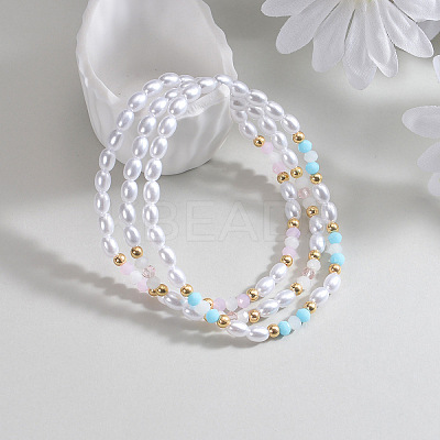 3Pcs Resin Pearl Faceted Round & Rice Beaded Stretch Anklet Sets FS-WG2E78A-01-1