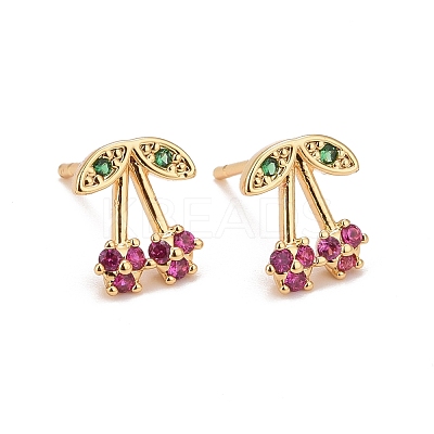 Hot Pink Cubic Zirconia Cherry Stud Earrings EJEW-G288-27G-1