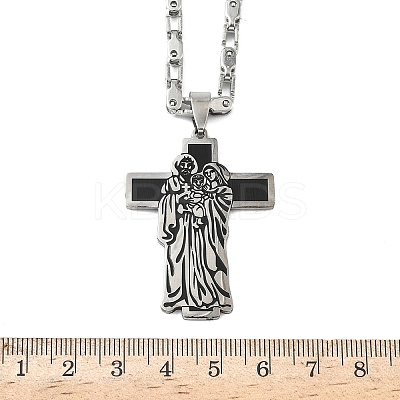 Religion 201 Stainless Steel Enamel Black Virgin Mary Cross Pendant Necklaces NJEW-C104-02A-1