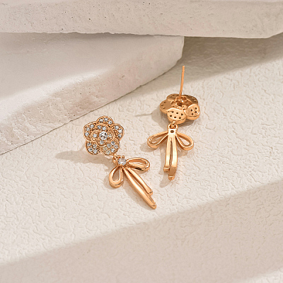 Elegant Brass Pave Clear Cubic Zirconia Flower with Bowknot Stud Earrings OP0904-1