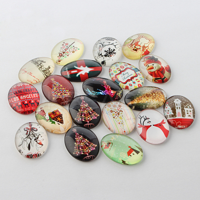 Festival Christmas Theme Xmas Ornaments Decorations Glass Oval Flatback Cabochons GGLA-A003-18x25-KK-1