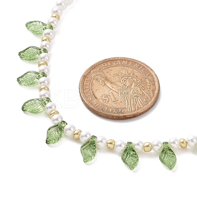 Acrylic Leaf Charm Necklace with Imitation Pearl Beaded for Women NJEW-JN04138-1
