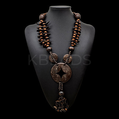 Boho Coconut & Wood Handmade Ethnic Donut Pendant Long Tassel Beaded Necklaces for Beach Vacation WGD9A0D-03-1