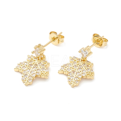 Clear Cubic Zirconia Maple Leaf Dangle Stud Earrings EJEW-P196-11G-1