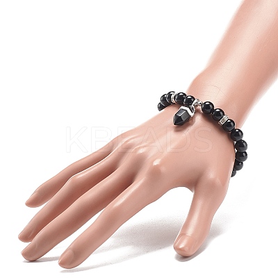 Natural Obsidian Round Beaded Stretch Bracelet with Bullet Charms BJEW-JB09018-05-1