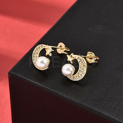 Moon Brass Micro Pave Clear Cubic Zirconia Stud Earrings EJEW-A135-31G-1