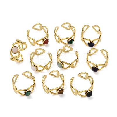 316 Stainless Steel with Natural Mixed Gemstone Cuff Rings RJEW-Z098-01G-01-1
