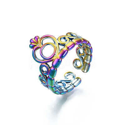Ion Plating(IP) Rainbow Color 304 Stainless Steel Heart Crown Open Cuff Ring for Women RJEW-S405-259M-1