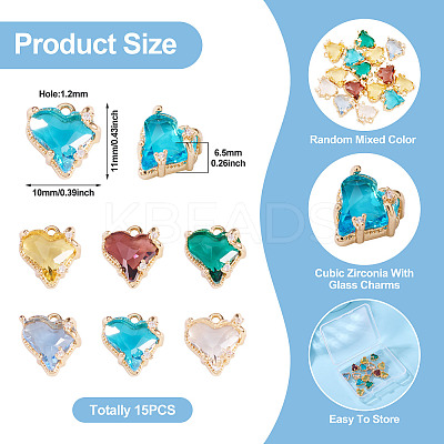 15Pcs Brass Micro Pave Cubic Zirconia with Glass Charms KK-TA0001-81-1