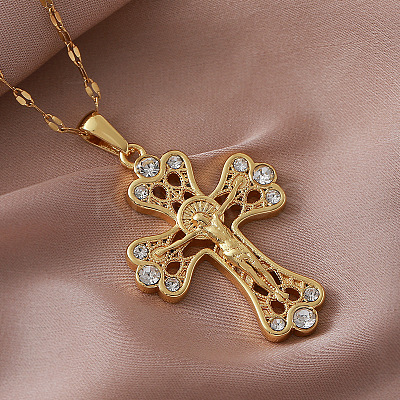 Vintage 304 tainless Steel Clear Glass Religion Jesus Cross Pendant Necklaces for Women EK1005-1