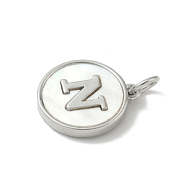 Brass Pave Natural Shell Flat Round with Letter Charms KK-Z115-13P-N-1