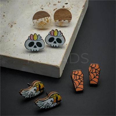 Halloween Tombstone Ghost Skull Wood Stud Earring Sets EJEW-OY002-01-1