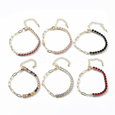 Brass Micro Pave Cubic Zirconia Strass & Paperclip Chain Bracelets BJEW-C052-04G-1
