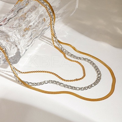 304 Stainless Steel Flat Snake Chain Figaro Chain Twisted Chain 3 Layer Necklaces for Women NJEW-K288-04GP-1