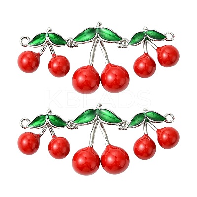 2Pcs Brass Red and Green Enamel Cherry Connector Charms KK-CJ0003-50-1