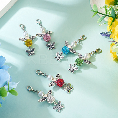6Pcs 6 Colors Angel & Butterfly Alloy Beaded & Polymer Clay Pave Rhinestone Beaded Pendant Decoration HJEW-TA00339-1