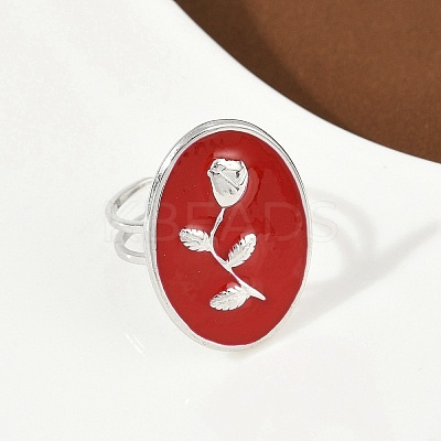 Oval with Rose Pattern 304 Stainless Steel Enamel Finger Rings for Women RJEW-G355-10P-02-1