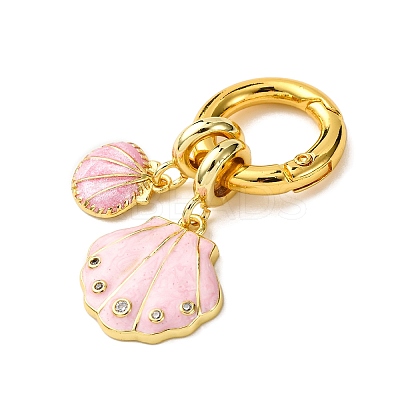 Brass Micro Pave Clear Cubic Zirconia and Enamel Double Shell Shape Pendant Decorations KK-C119-04G-01-1