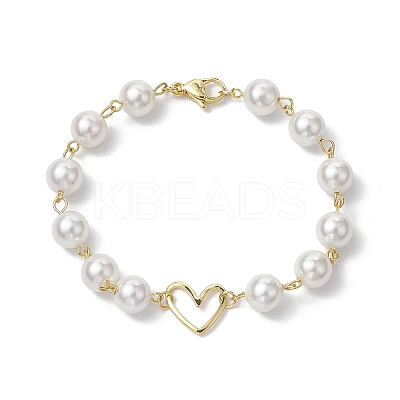 8mm Round Shell Pearl & Brass Heart Link Bracelets for Women BJEW-JB10424-1