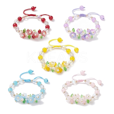 Flower Glass & Acrylic Braided Bead Adjustable Bracelets for Women BJEW-JB10446-1
