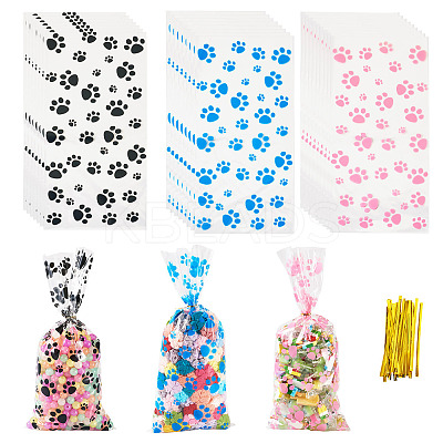 60Pcs 3 Colors Rectangle OPP Cellophane Paw Print Printed Candy Storage Bags ABAG-TA0001-74-1