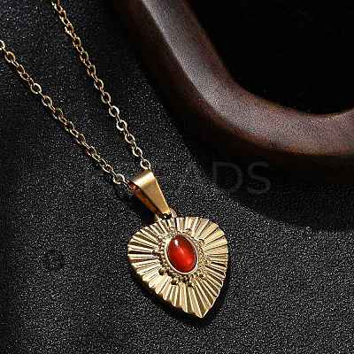 304 Stainless Steel Red Cubic Zirconia Heart Pendant Necklaces NJEW-S439-06G-1
