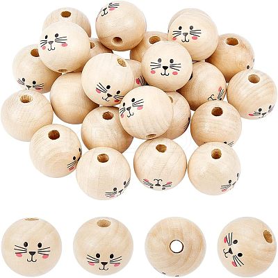 30Pcs Printed Natural Wood European Beads WOOD-FH0001-92-1