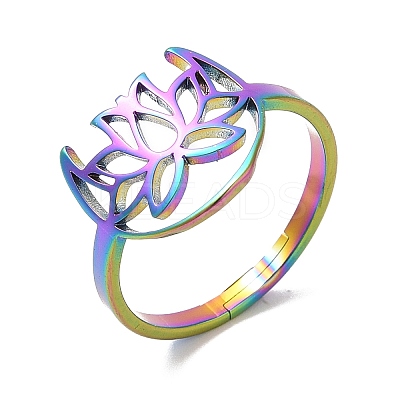 Ion Plating(IP) 304 Stainless Steel Hollow Lotus Adjustable Ring for Women RJEW-M149-30RC-1