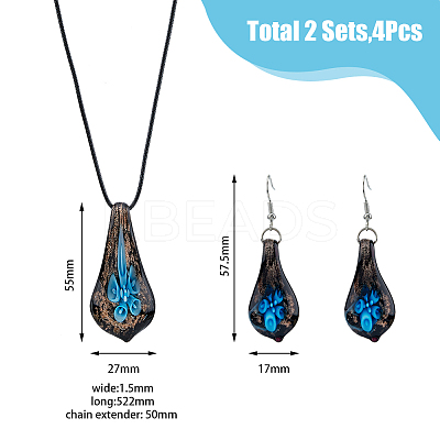 2 Sets 2 Colors Teardrop with Flower Glass Dangle Earrings & Pendant Necklace SJEW-FI0001-14-1
