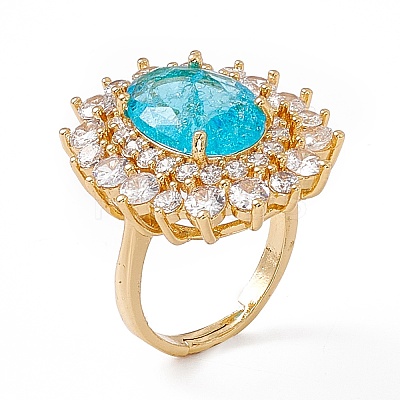 Deep Sky Blue Glass Oval Adjustable Ring with Cubic Zirconia RJEW-J017-VC498-1