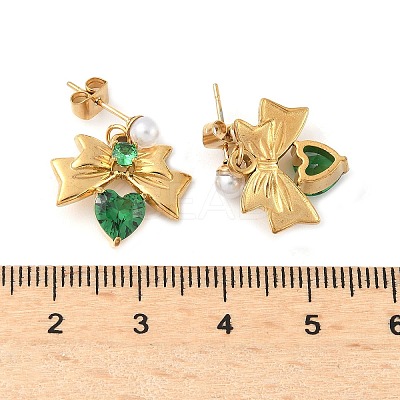 304 Stainless Steel Micro Pave Cubic Zirconia Bowknot Dangle Stud Earrings EJEW-U065-03G-02-1