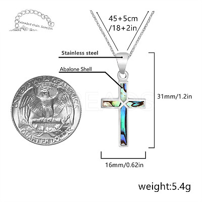 304 Stainless Steel Pave Natural Paua Shell Religion Cross Pendant Necklaces for Women FS-WG66782-01-1