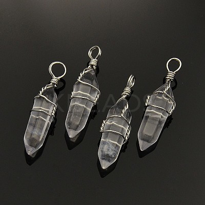 Faceted Bullet Platinum Plated Brass Quartz Crystal Double Terminated Pointed Pendants G-J265-15-1
