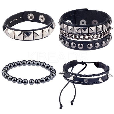 4Pcs 4 Styles Punk Style Hematite Round Beaded Stretch Bracelets & Rivets Bracelets  with Alloy Braided Bead Bracelets & Imitation Leather Bangles for Men Women BJEW-WH20002-09B-1
