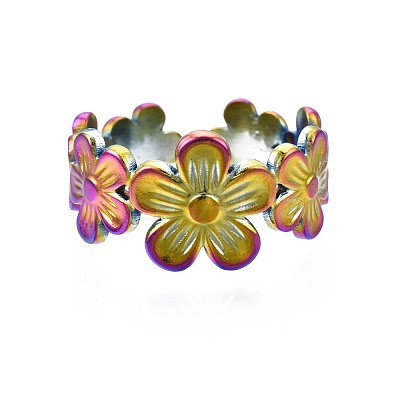 304 Stainless Steel Sunflower Cuff Ring RJEW-N038-096-1