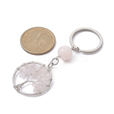 Natural Rose Quartz Chips Flat Round with Tree of Life Kcychain KEYC-JKC00563-02-1