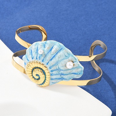 Shell Shape 304 Stainless Steel Enamel Cuff Bangles for Women LS-BJEW-A049-04A-G-1