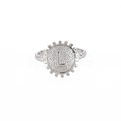 Non-Tarnish 304 Stainless Steel Flat Round with Initial Letter Open Cuff Ring for Men Women RJEW-S405-246P-L-1