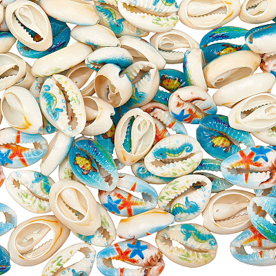 80Pcs Printed Natural Cowrie Shell Beads BSHE-LT0001-02-1