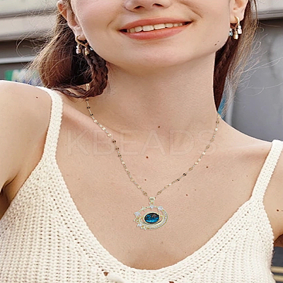 1Pc Brass Dodger Blue Glass Planet Pendant Necklaces NJEW-LP0002-97-1